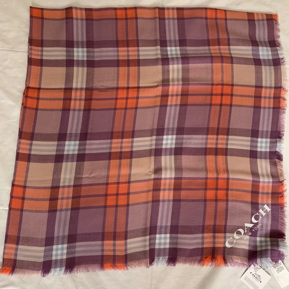 COACH Striped Plaid Scarf in Coral/Mauve - Picture 2 of 3